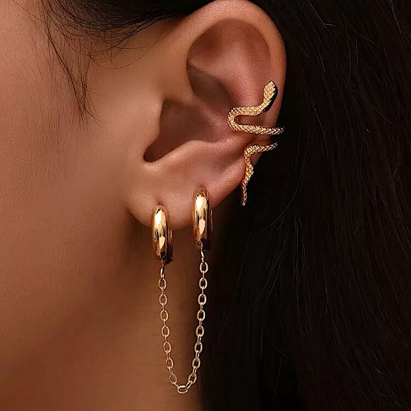 Jewelry - ⚜️[𝟯/$𝟭𝟴]⚜️Gold Snake Double Hoop Chained Earrings Set NEW